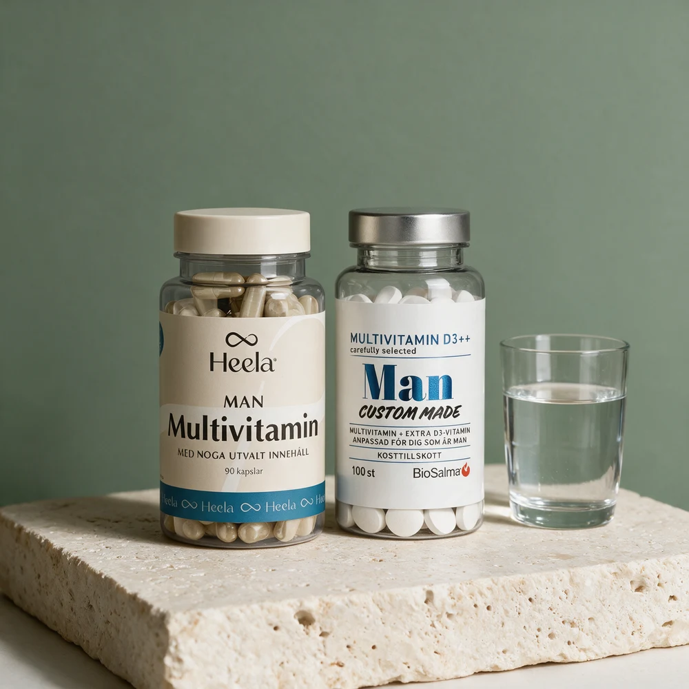 Heela Multivitamin Man med lyse kapsler og BioSalma Multivitamin Man med hvite tabletter, side om side ved et glass vann