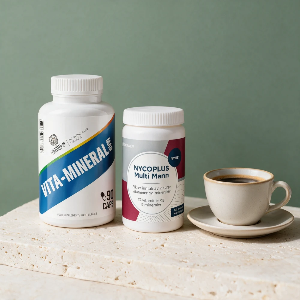 Swedish Supplements Vita-Mineral Man, boks med 90 kapsler, og Nycoplus Multi Mann, boks med 100 tabletter