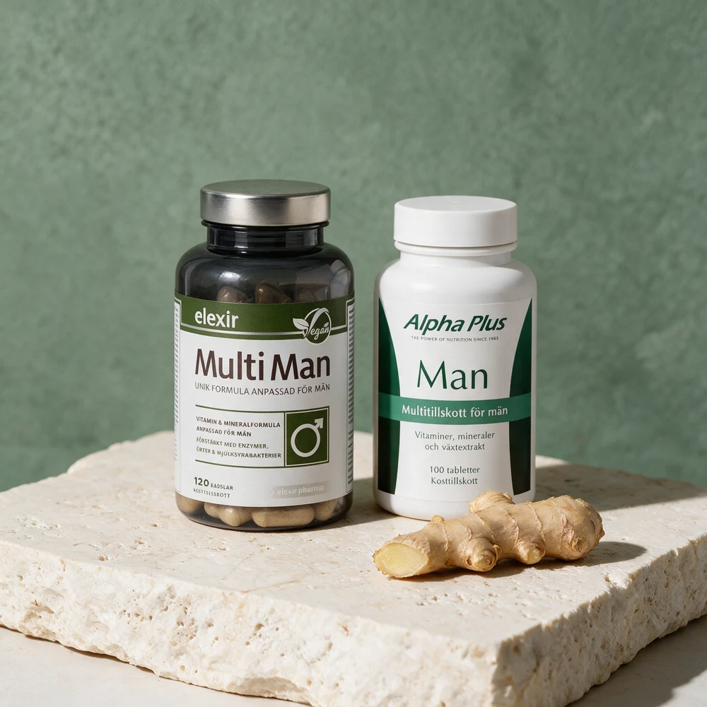 Elexir Pharma Multivitamin Man og Alpha Plus Man side om side med en ingefærrot foran