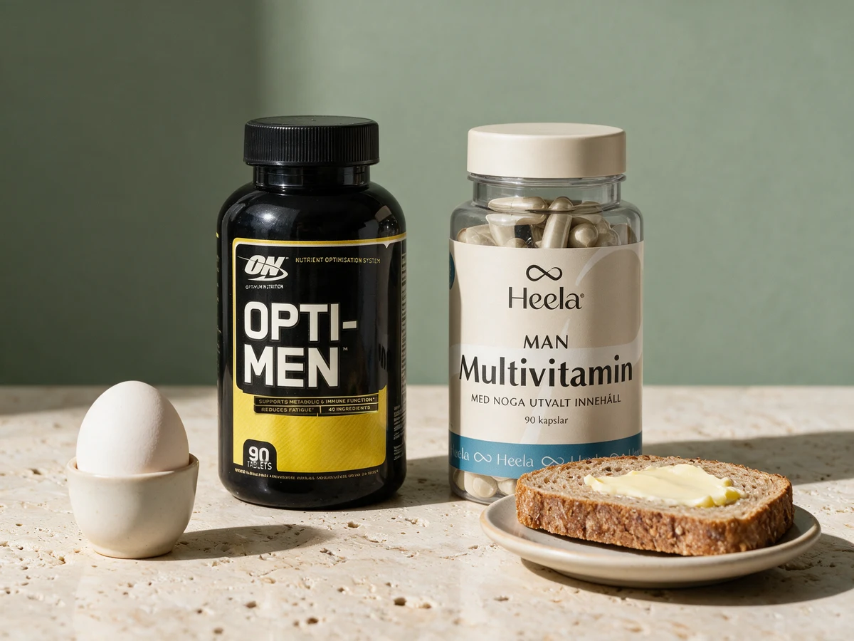 Optimum Nutrition Opti-Men og Heela Multivitamin Man mellom et egg i eggeglass og en skive grovbrød med smør