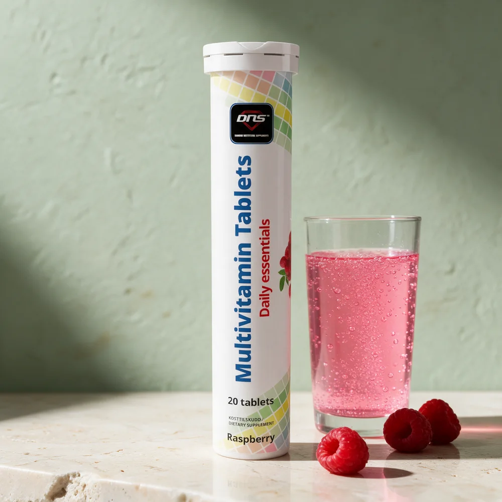 DNS Multivitamin brusetabletter med bringebærsmak, rør med 20 tabletter og et glass ferdig brus
