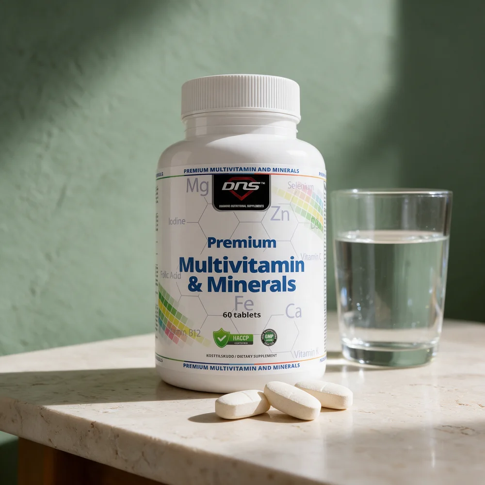 DNS Premium Multivitamin & Minerals med tre store, hvite tabletter foran boksen