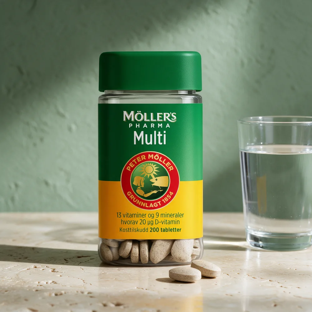Møllers Pharma Multi, boks med 200 tabletter og to små ovale tabletter foran