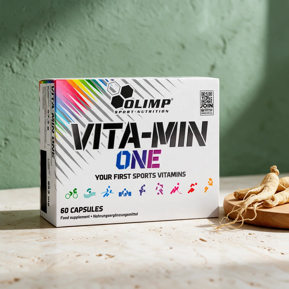 Olimp Vita-Min One, eske med 60 kapsler, og tørkede ginsengrøtter ved siden av