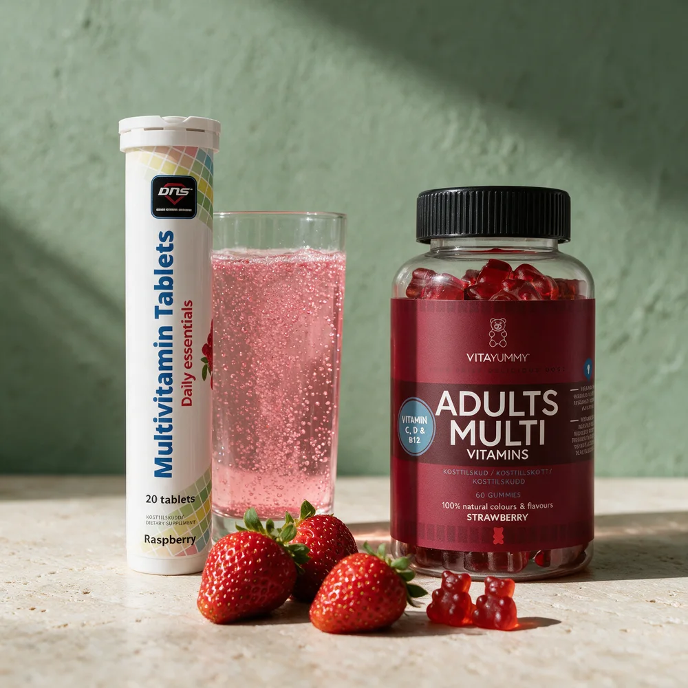 DNS Multivitamin brusetabletter i rør ved et glass med brus, og VitaYummy Adults Multi i boks med gummibjørner