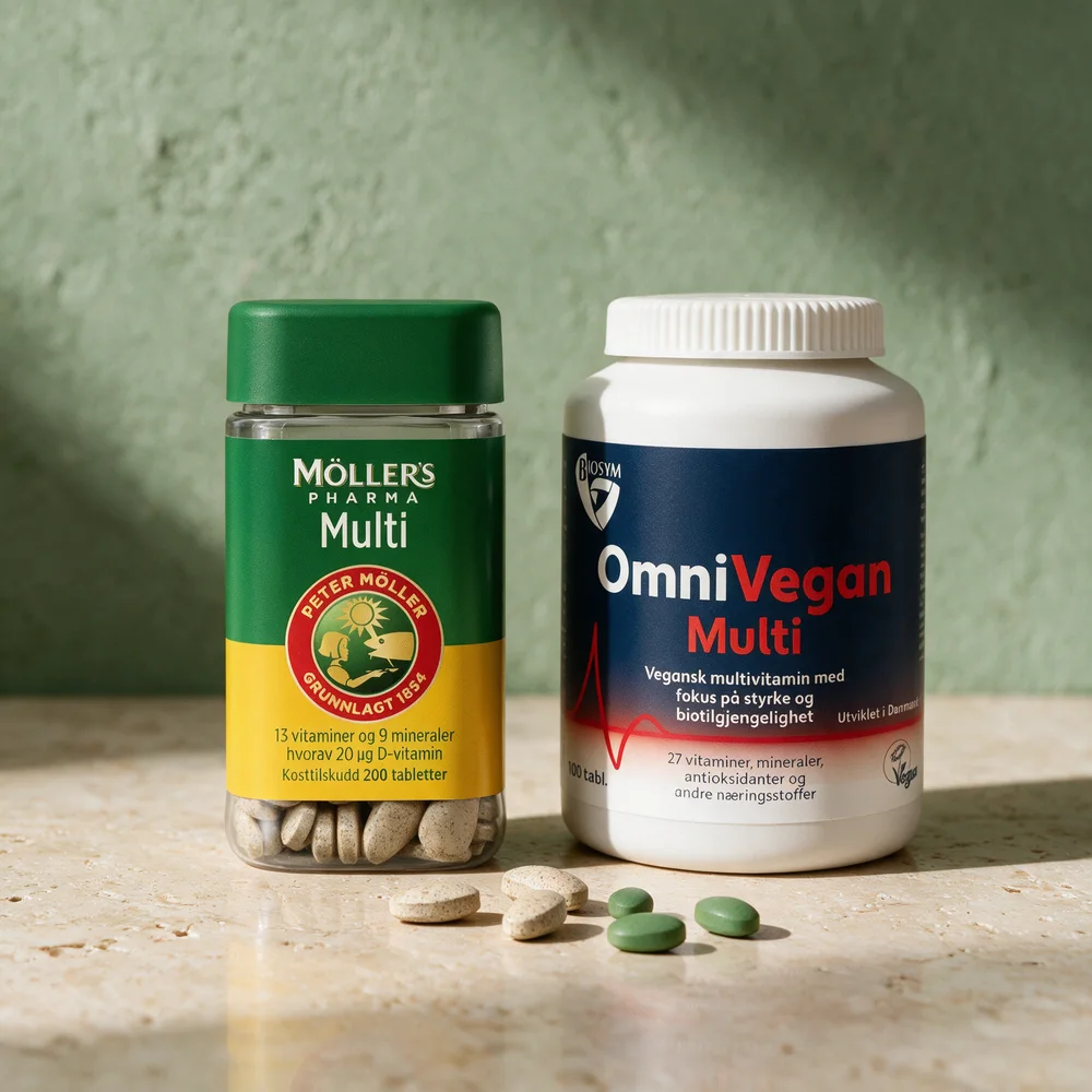 Møllers Pharma Multi og Biosym Omni Vegan Multi, to bokser med tabletter foran