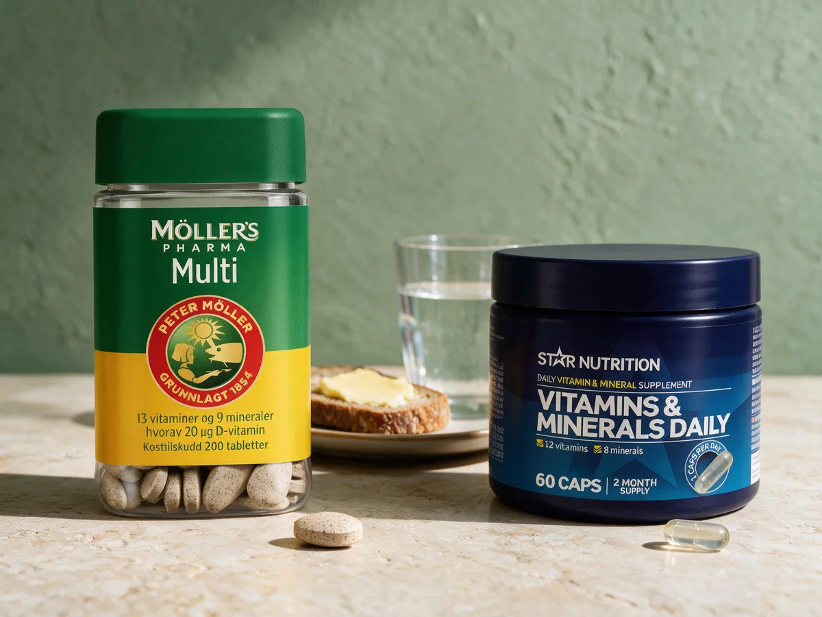 Møllers Pharma Multi og Star Nutrition Vitamins & Minerals Daily, en tablett og en kapsel foran brødskiva med smør