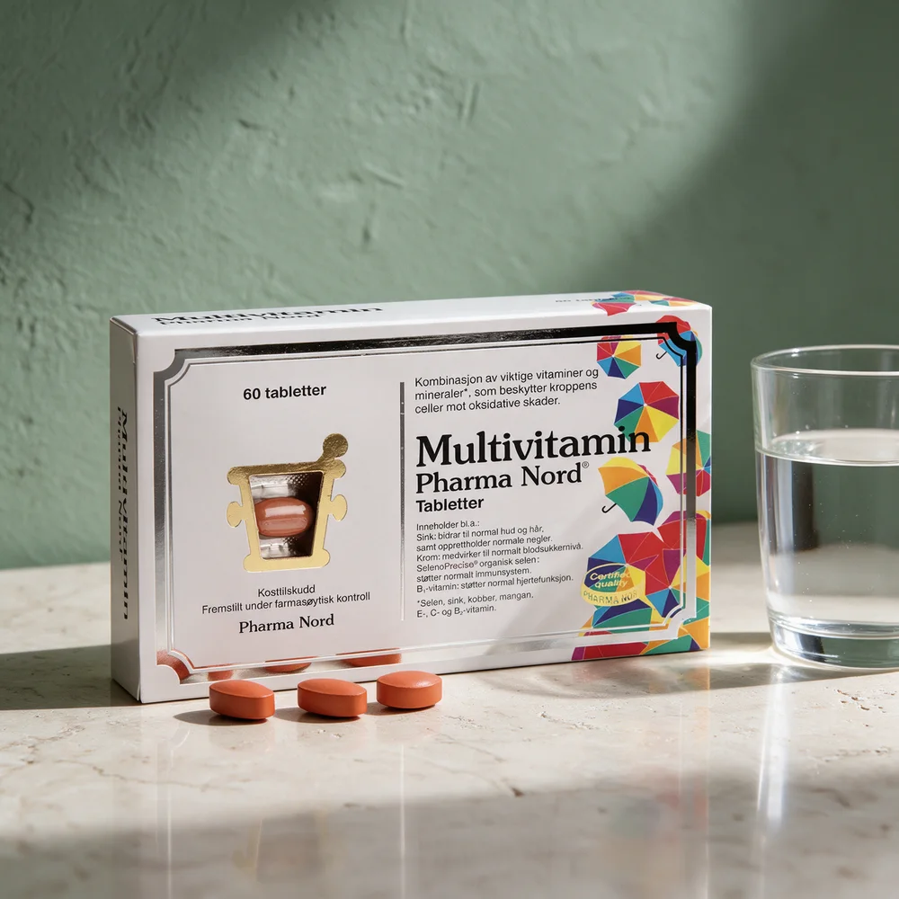 Pharma Nord Multivitamin, eske med tre ovale tabletter foran