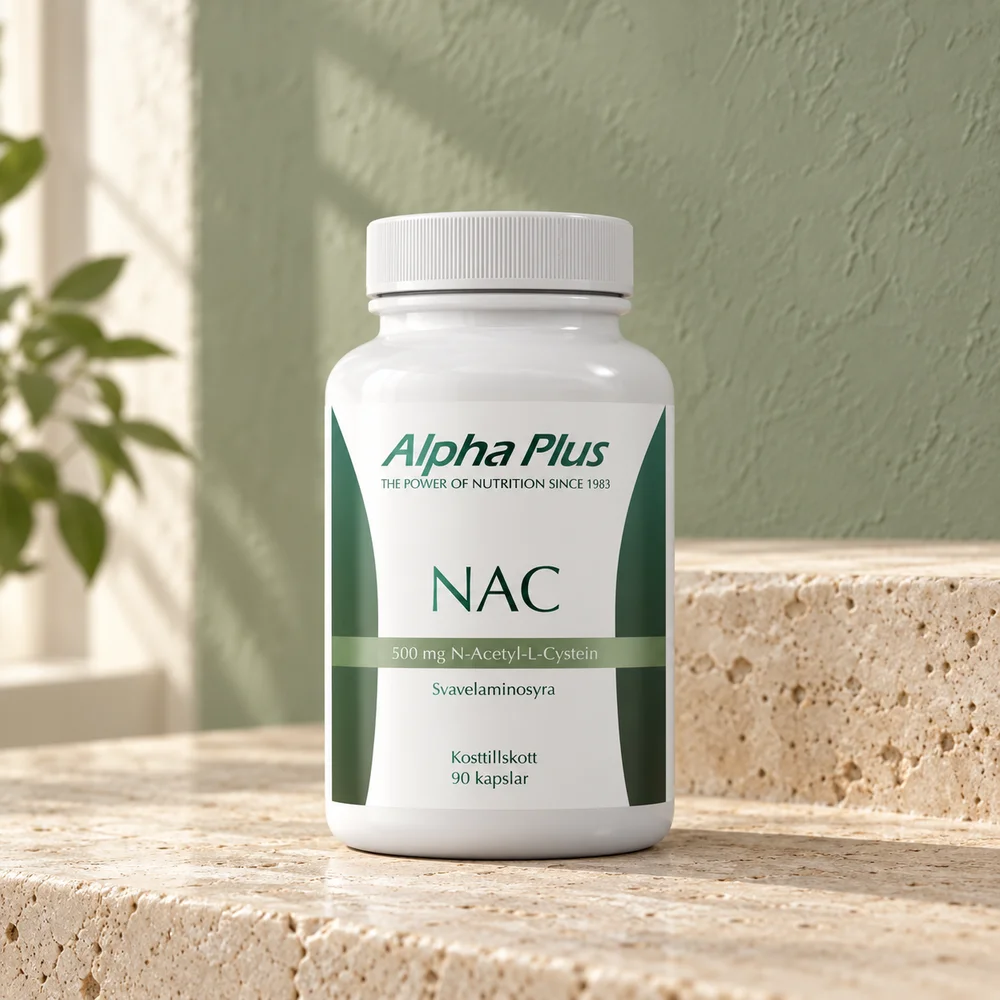 Alpha Plus NAC med 500 mg N-acetyl-L-cystein, boks med 90 kapsler