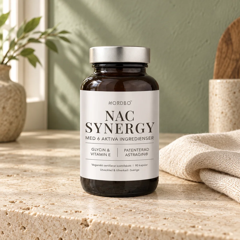 Nordbo NAC Synergy med seks aktive ingredienser, glasskrukke med 90 kapsler