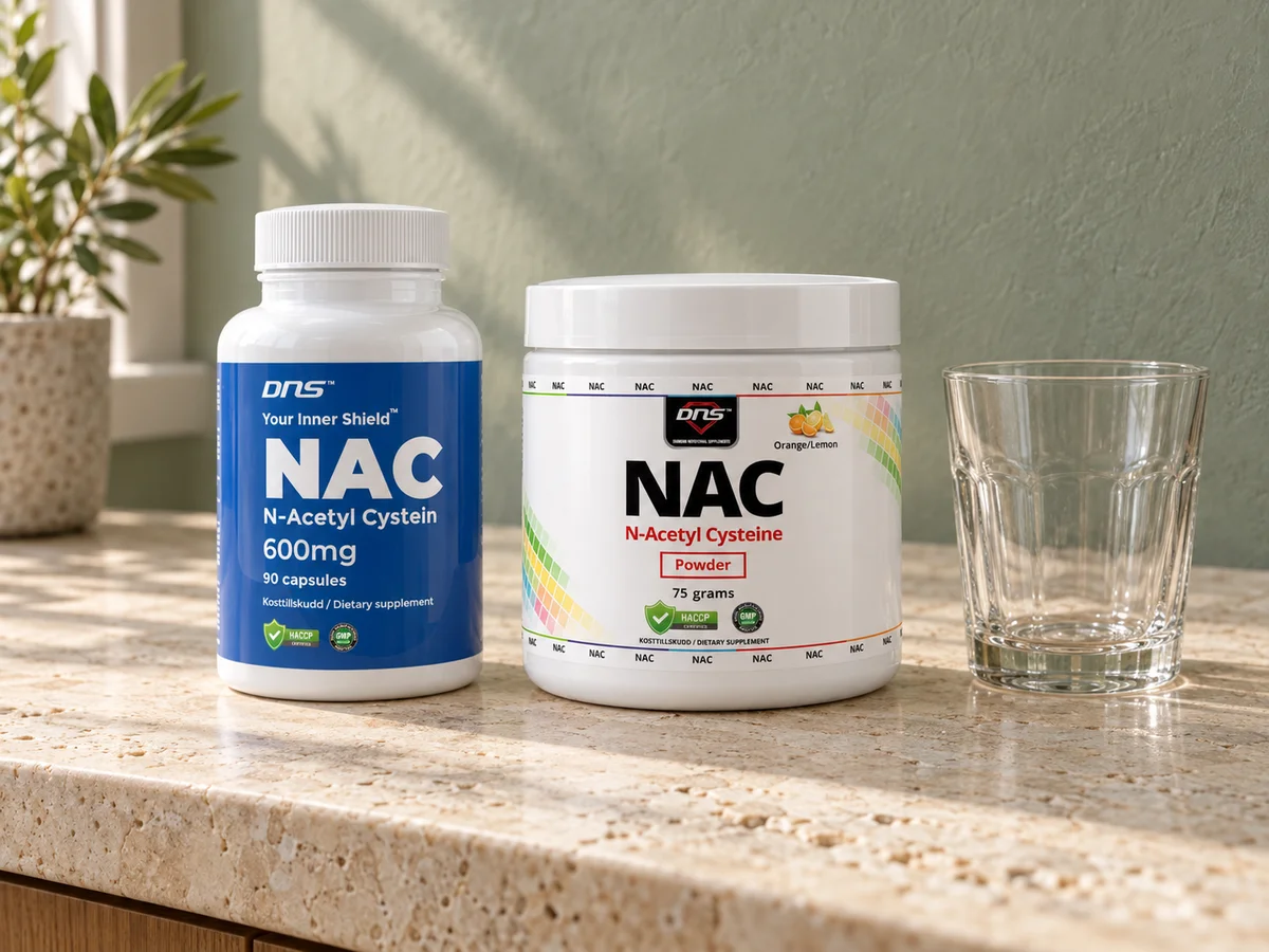 DNS NAC med 90 kapsler og DNS NAC Powder med appelsin og sitron