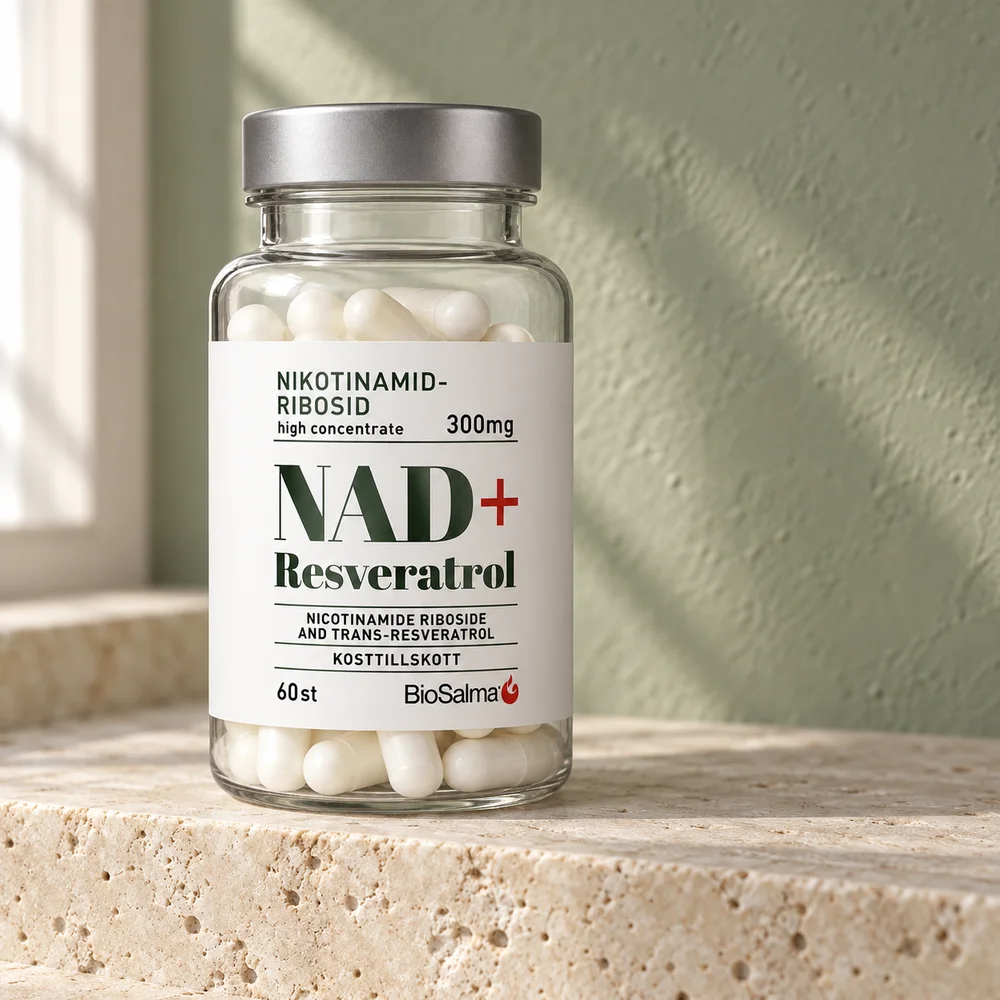 BioSalma NAD+ Resveratrol, glass med 60 kapsler nikotinamidribosid og trans-resveratrol