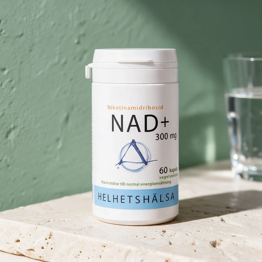 Helhetshälsa NAD+ 300 mg, hvit boks med 60 vegetabilske kapsler