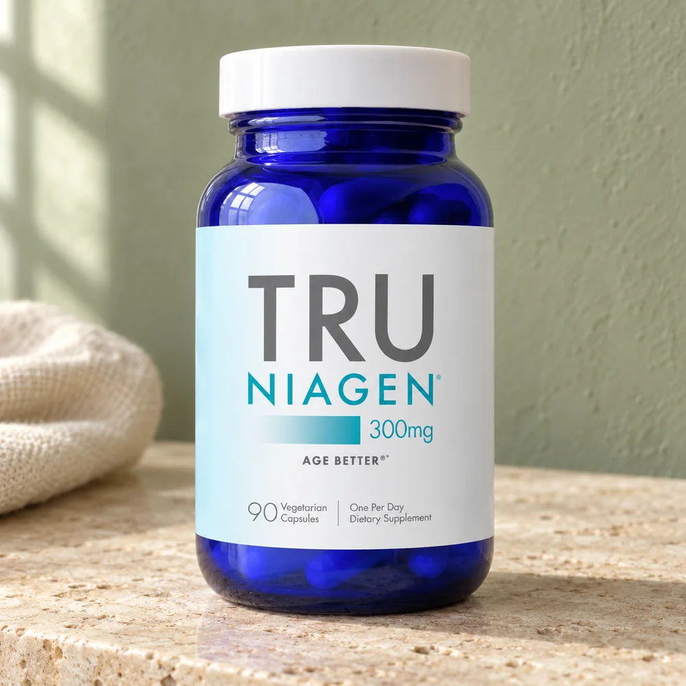 Tru Niagen 300 mg, blå flaske med 90 vegetariske kapsler