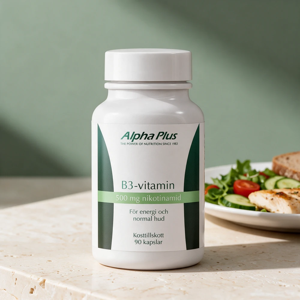 Alpha Plus B3-vitamin, hvit boks med grønn etikett, 500 mg nikotinamid, 90 kapsler
