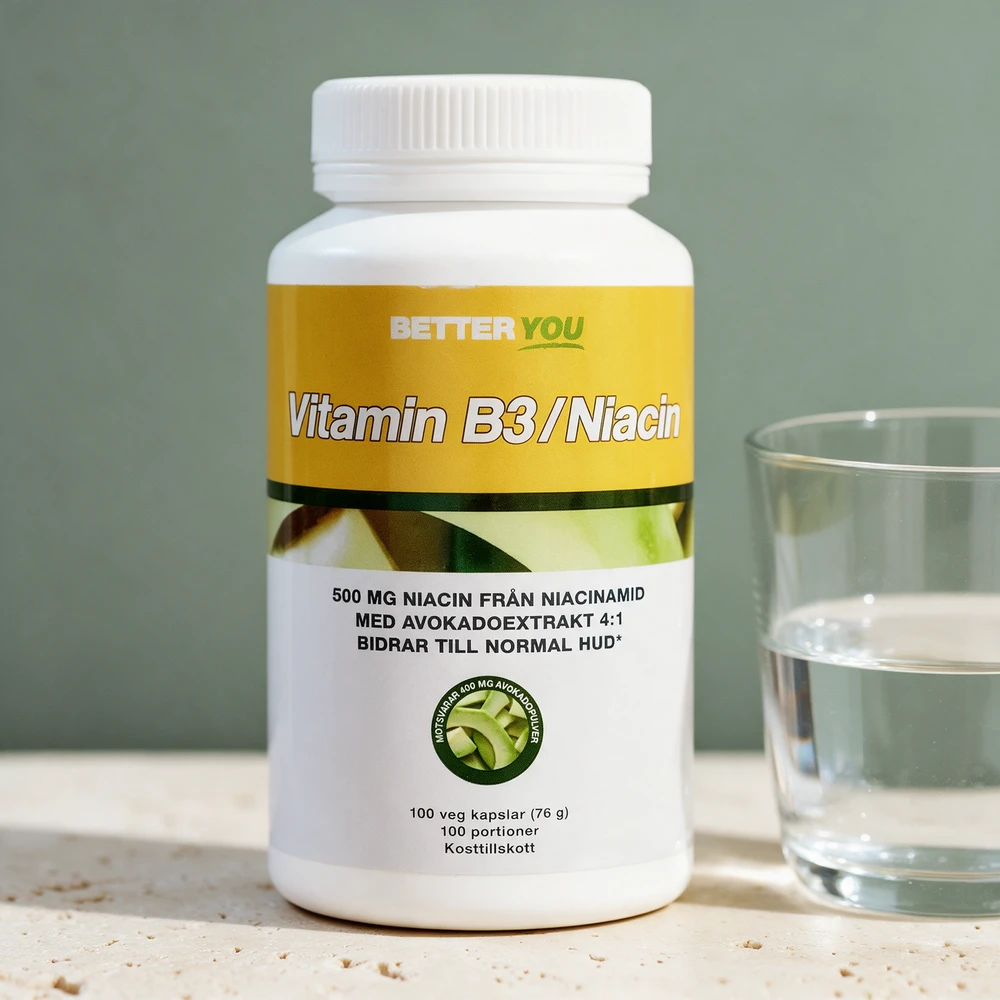 Better You Vitamin B3/Niacin, hvit boks med gul etikett, 500 mg niacin fra niacinamid med avokadoekstrakt, 100 kapsler