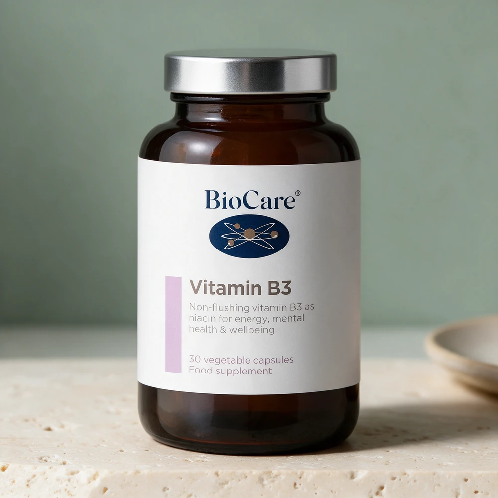 BioCare Vitamin B3, liten krukke i brunt glass med sølvlokk, 30 vegetabilske kapsler