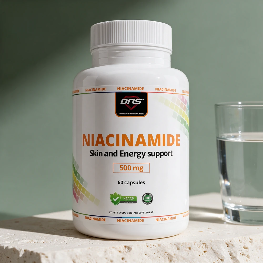 DNS Niacinamide, stor hvit boks med 500 mg per kapsel, 60 kapsler
