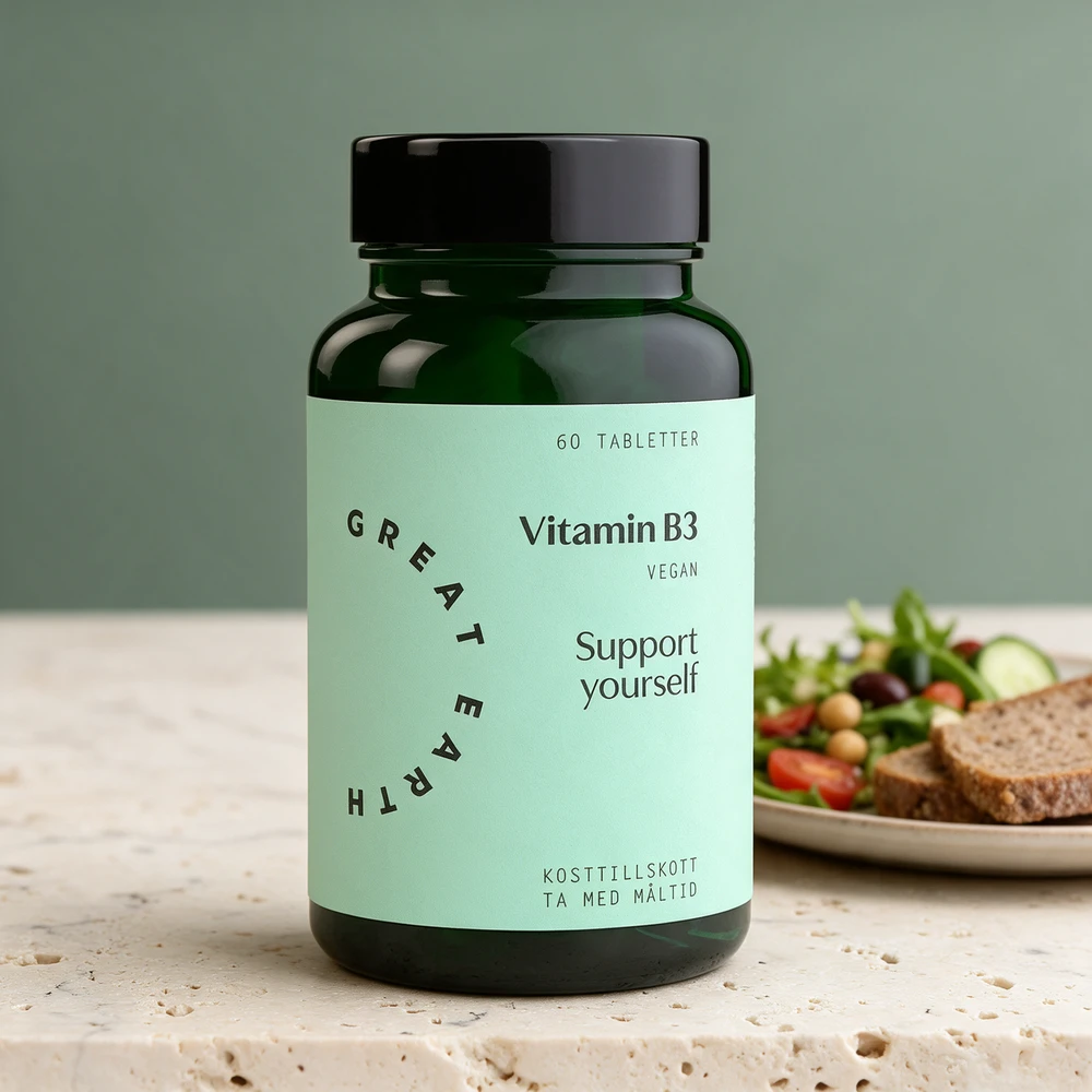 Great Earth Vitamin B3, mørkegrønn glassboks med mintgrønn etikett, 60 tabletter