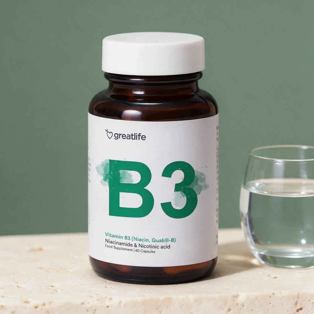 Greatlife Vitamin B3 Quali-B, brun glassboks med hvit etikett og stor grønn B3, 60 kapsler