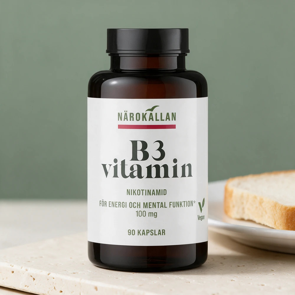 Närokällan B3 Nikotinamid, brun glassboks med svart lokk og 100 mg per kapsel, 90 kapsler