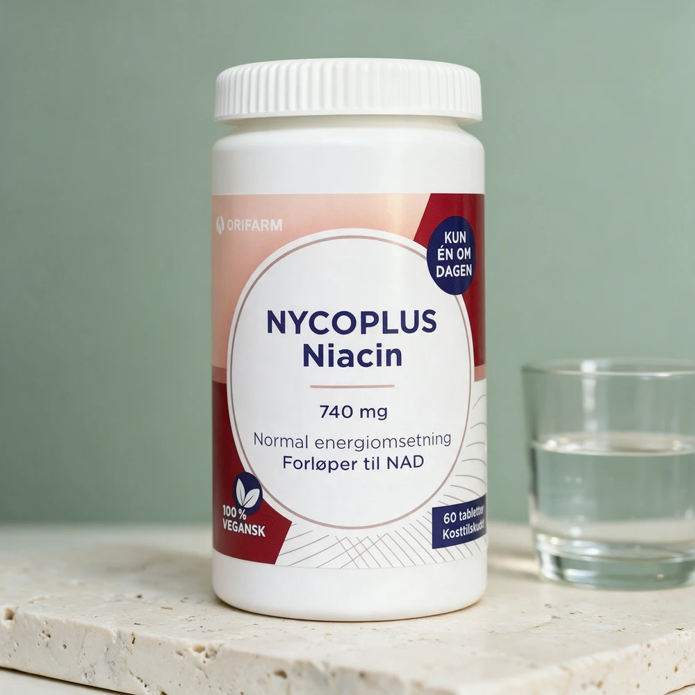 Nycoplus Niacin 740 mg, hvit boks med 60 tabletter