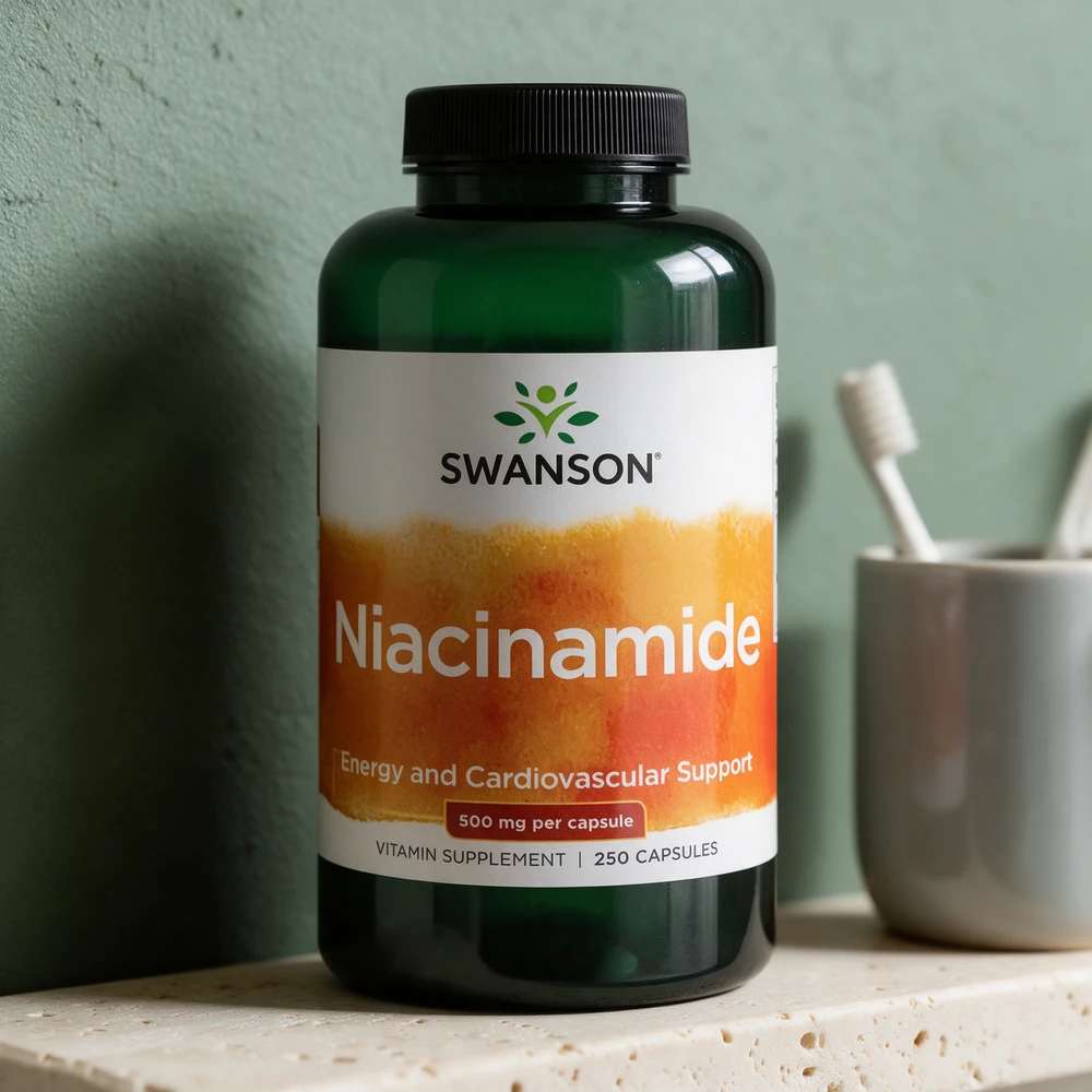 Swanson Niacinamide, mørkegrønn glassboks med svart lokk og 500 mg per kapsel, 250 kapsler