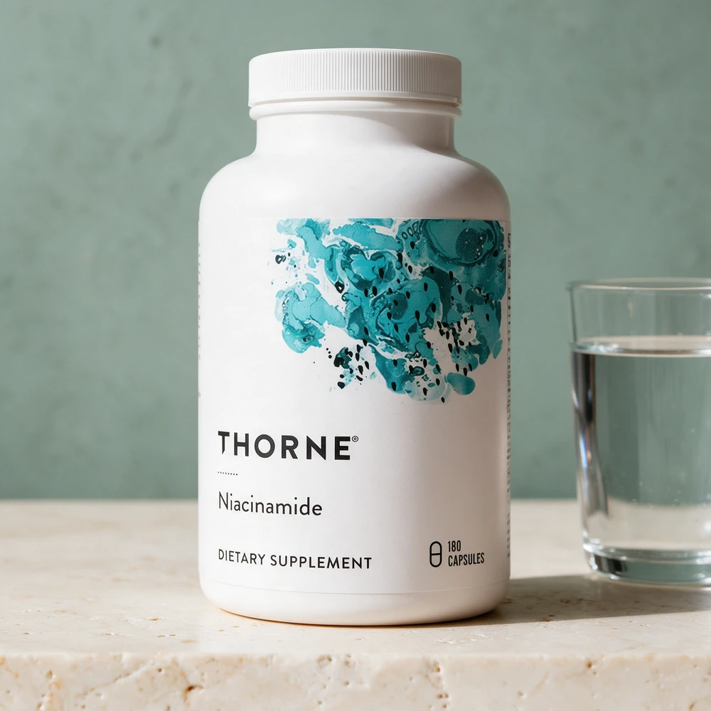 Thorne Niacinamide, hvit boks med turkis etikett og 180 kapsler