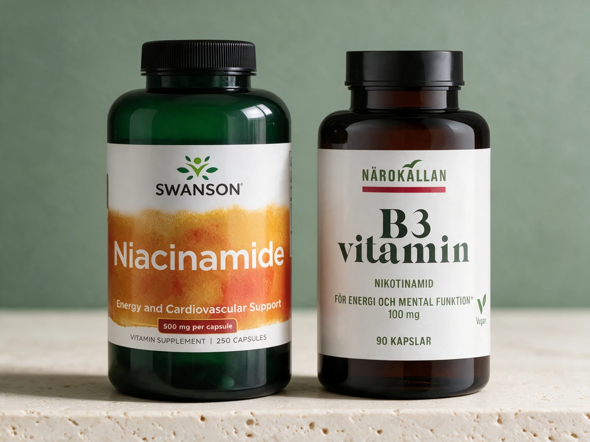 Swanson Niacinamide med 500 mg per kapsel og Närokällan B3 Nikotinamid med 100 mg per kapsel