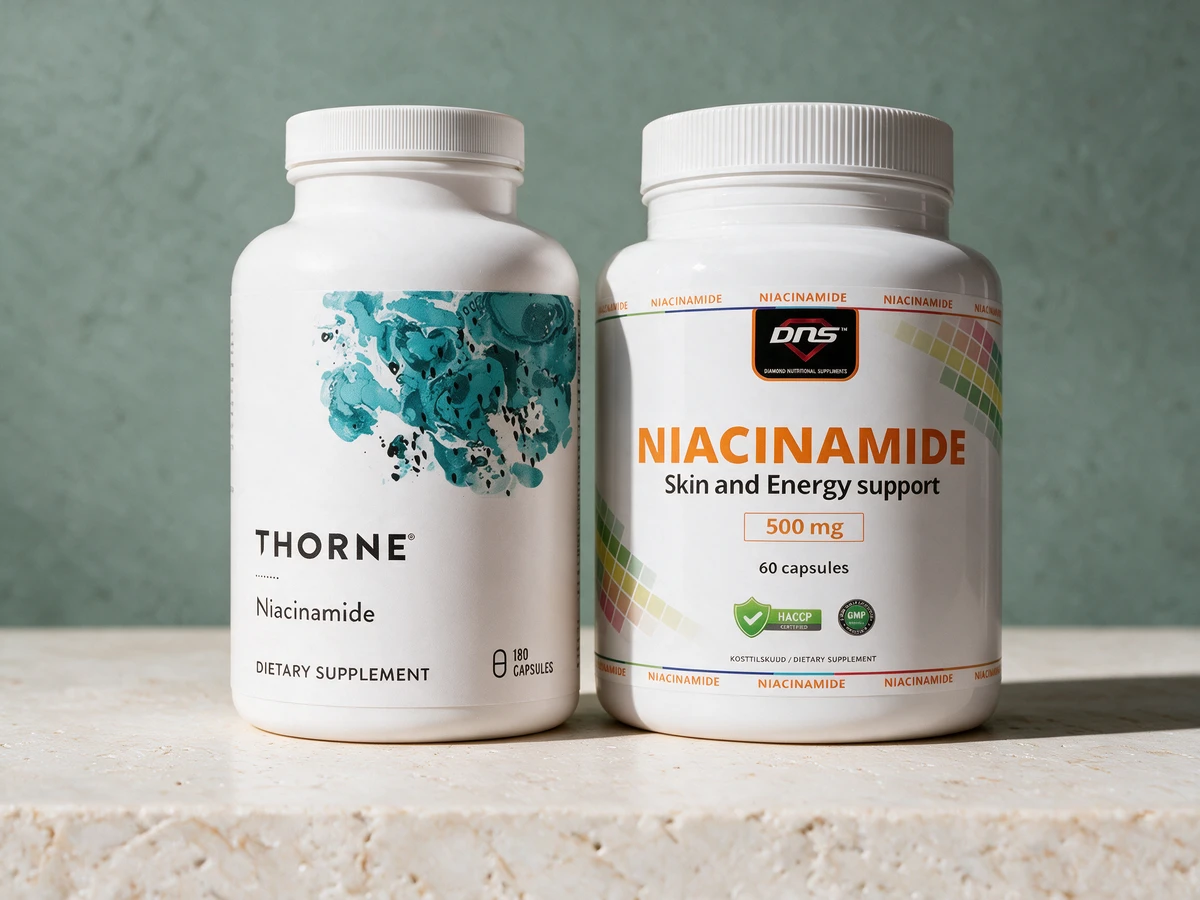 Thorne Niacinamide med plantekapsler og DNS Niacinamide med gelatinkapsler