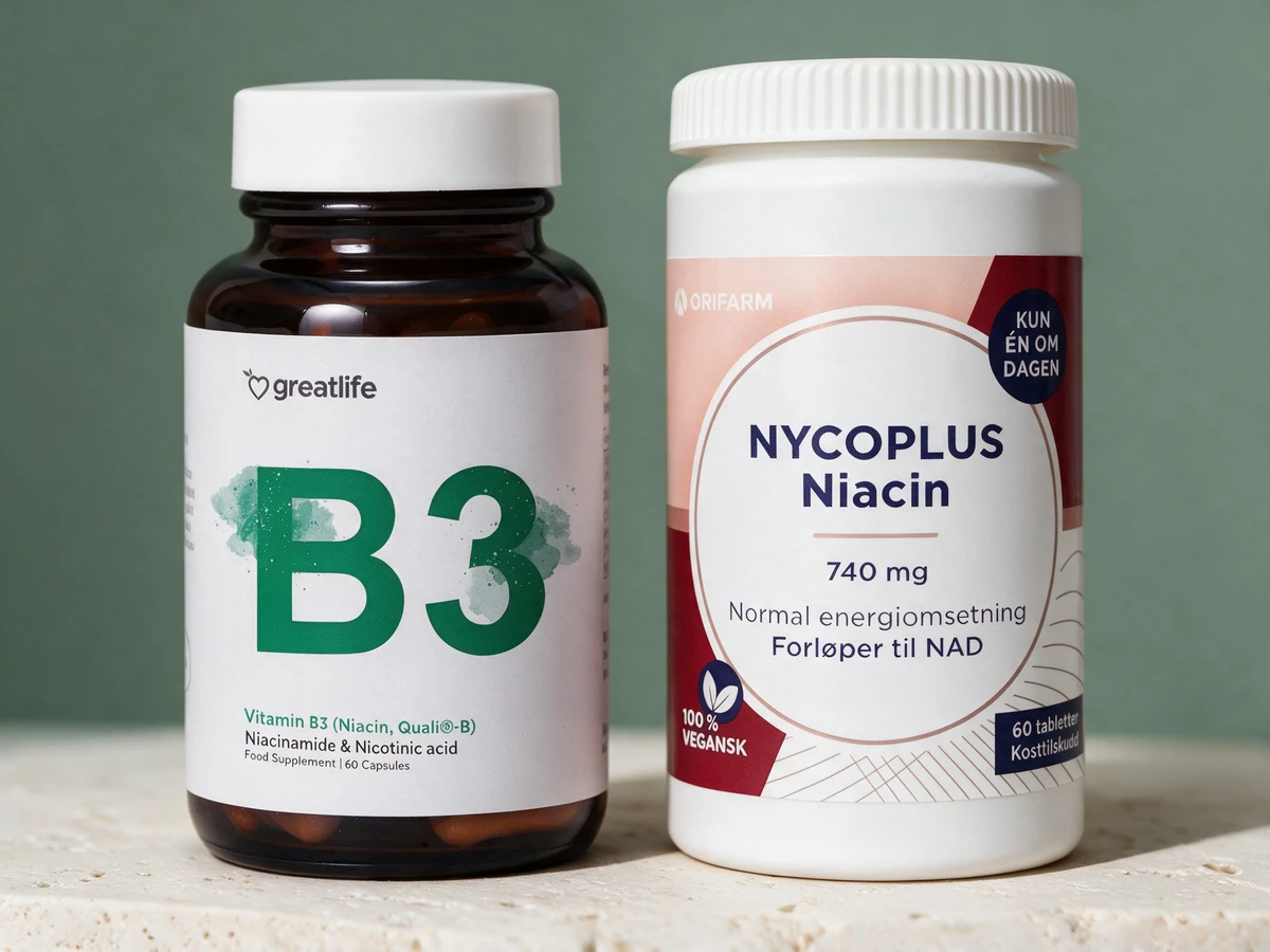 Greatlife Vitamin B3 Quali-B og Nycoplus Niacin 740 mg, de to med nikotinsyre