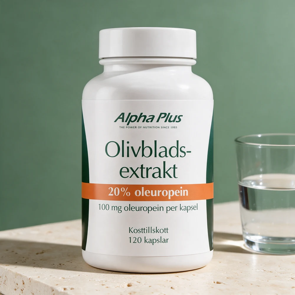 Alpha Plus Olivbladsextrakt, boks med 120 kapsler, den nye utgaven med 20 % oleuropein på etiketten
