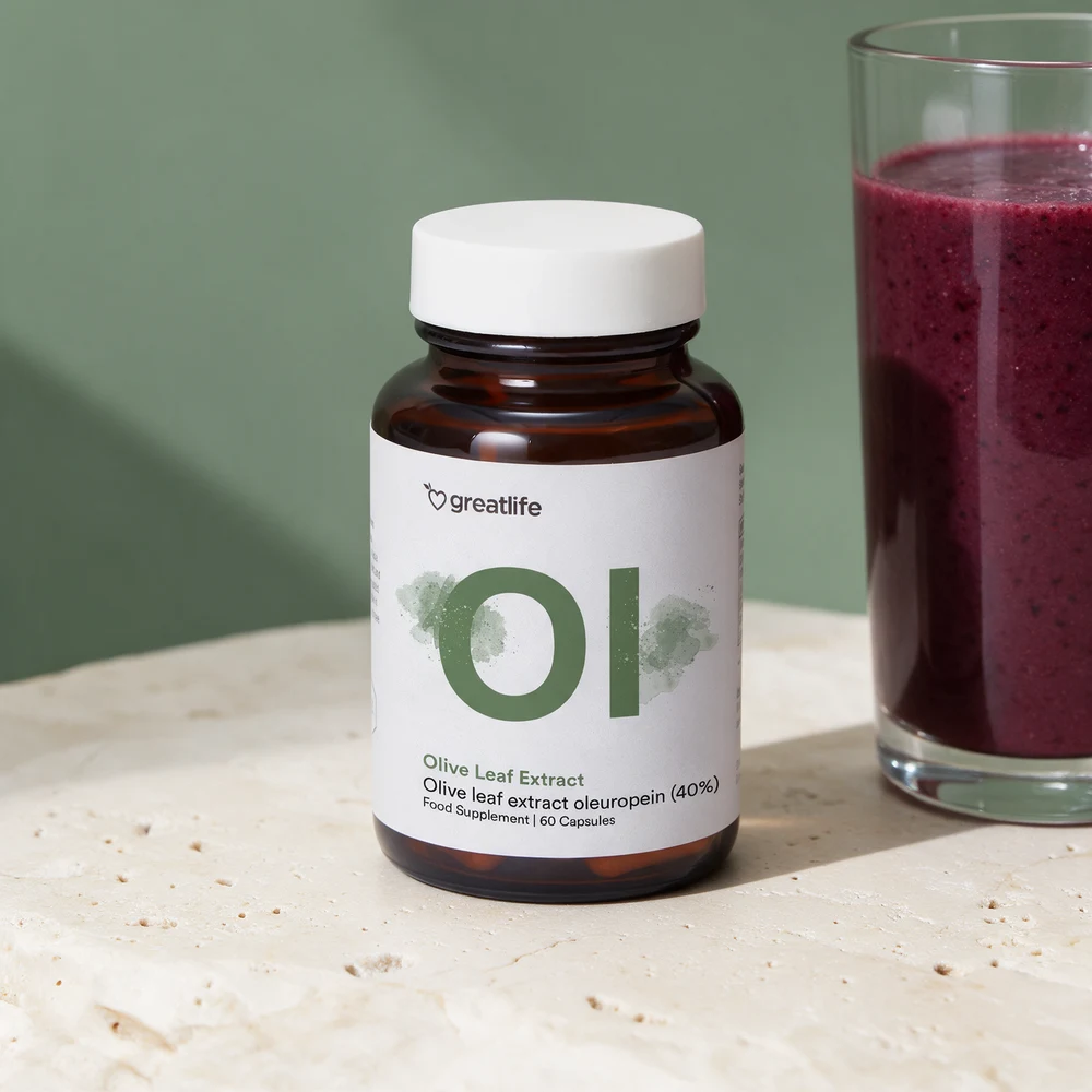 Greatlife Olivenbladekstrakt, brun glasskrukke, 60 kapsler, 40 % oleuropein