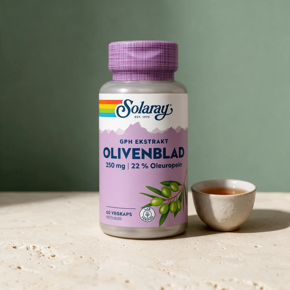 Solaray GPH Olivenblad, boks med 60 vegkapsler à 250 mg og 22 % oleuropein
