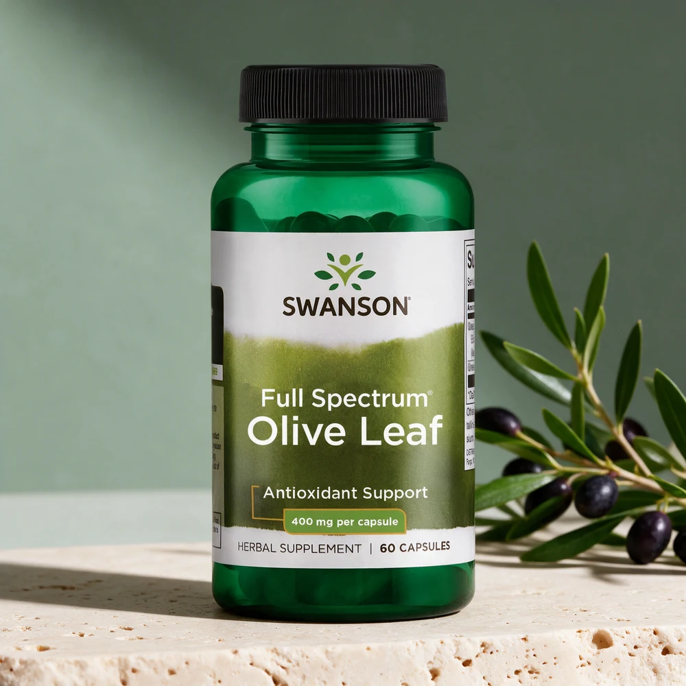 Swanson Full Spectrum Olive Leaf, grønn boks med 60 kapsler à 400 mg