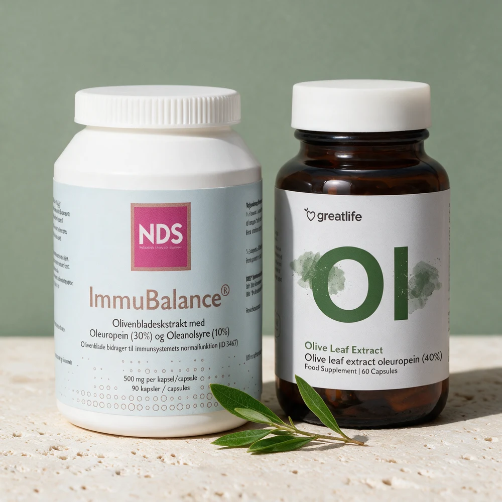 NDS Immubalance med 150 mg oleuropein i én kapsel og Greatlife Olivenbladekstrakt med 136 mg