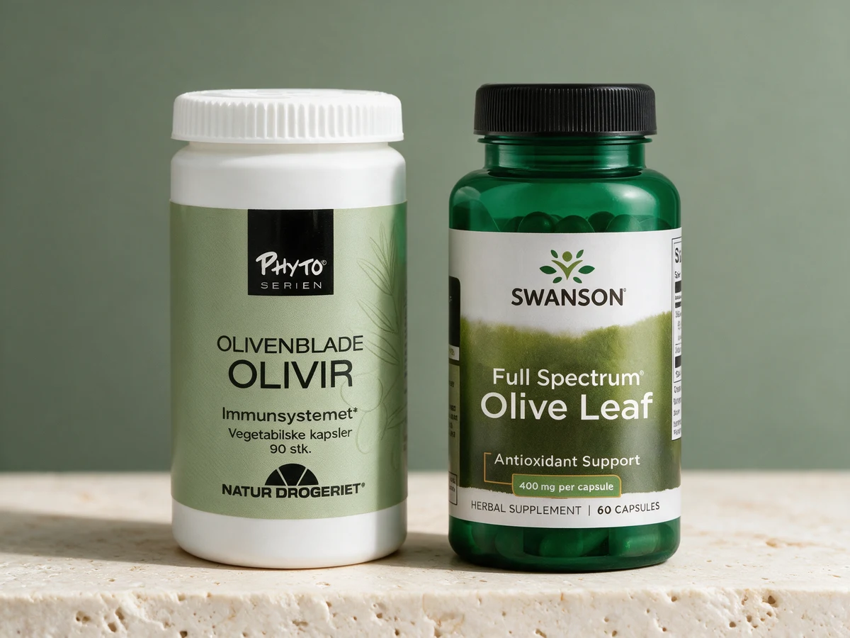 Natur-Drogeriet Olivir og Swanson Full Spectrum Olive Leaf, begge med malte olivenblader
