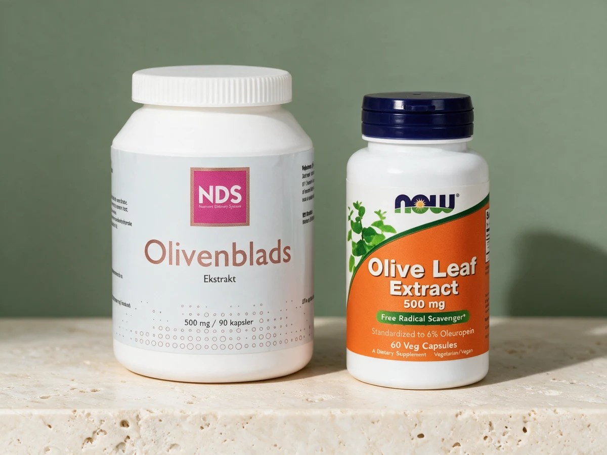 NDS BioGrown Olivenbladsekstrakt og NOW Olive Leaf Extract, nesten samme dagspris