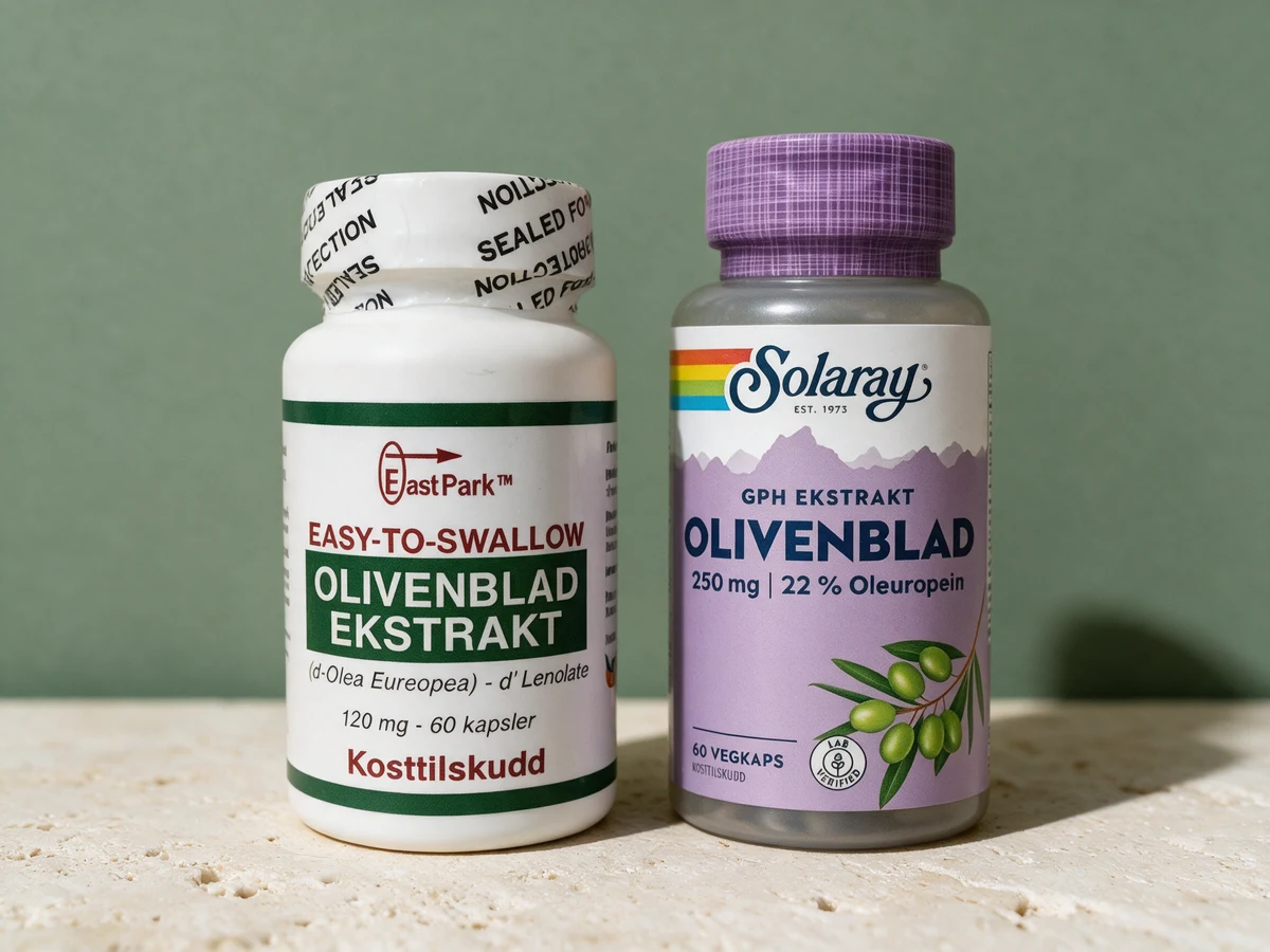East Park Olivenbladekstrakt 120 mg og Solaray GPH Olivenblad, de to boksene med minst fyll per kapsel