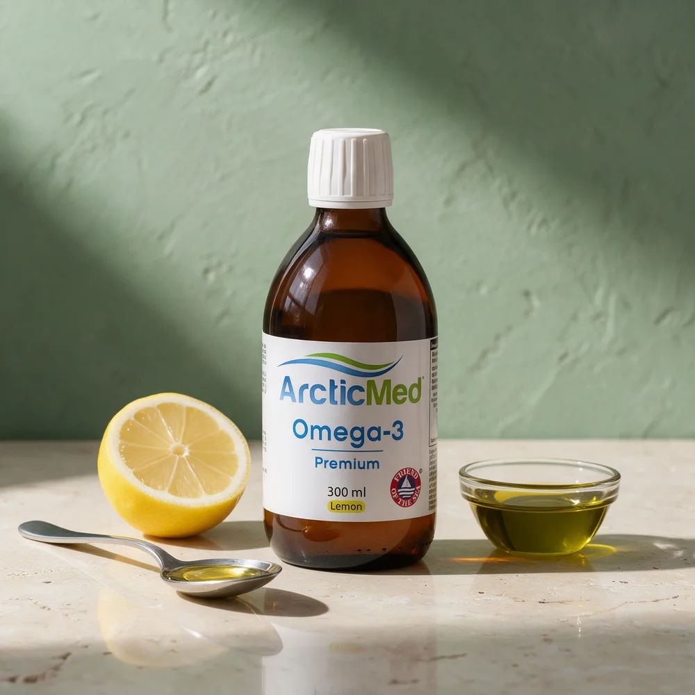 ArcticMed Omega-3 Premium med en skje olje, en halv sitron og en skål olivenolje