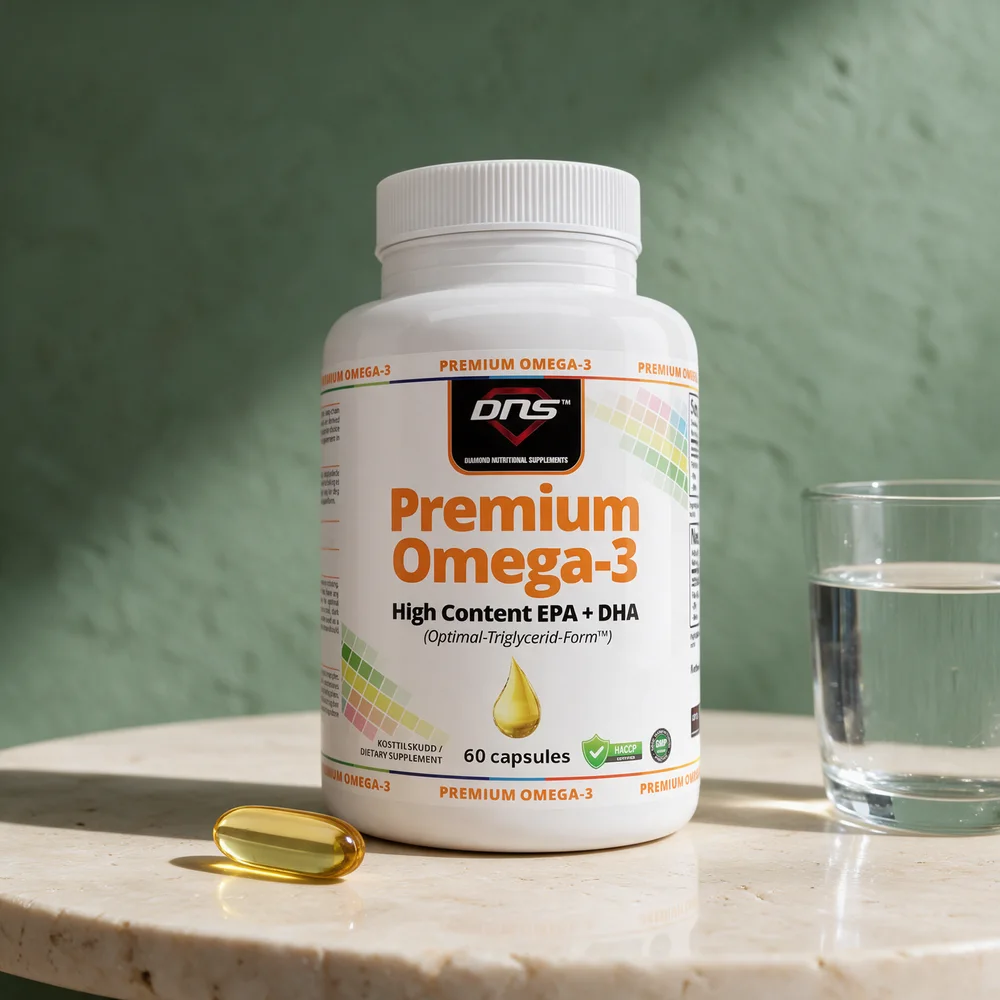 DNS Premium Omega-3 med én kapsel foran boksen