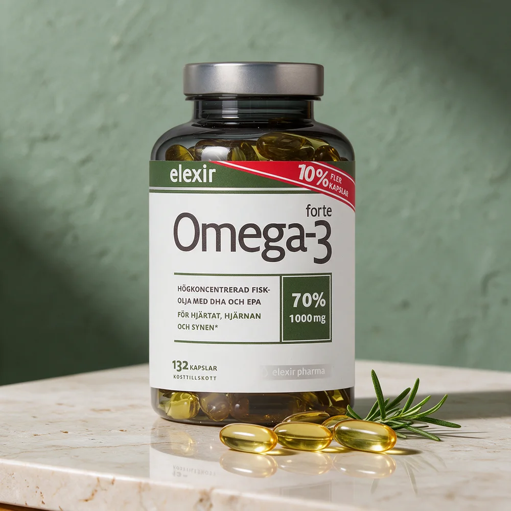 Elexir Pharma Omega-3 Forte, krukke med lange myke kapsler og tre kapsler foran