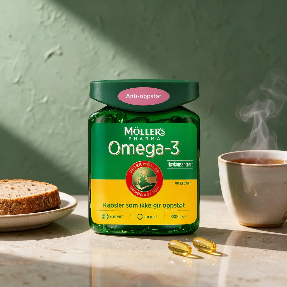 Møllers Omega-3 antioppstøt, grønn krukke med to kapsler foran