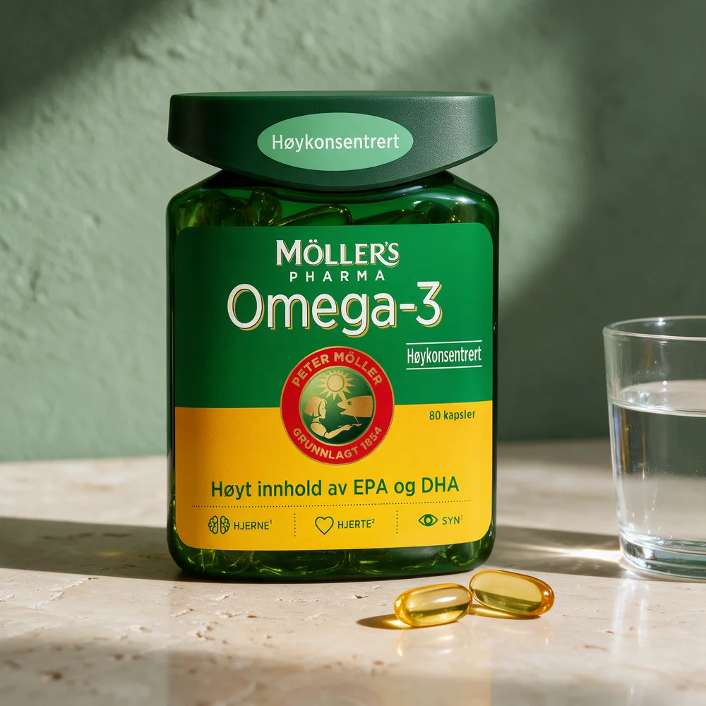 Møllers Omega-3 høykonsentrert med to kapsler, dagsdosen