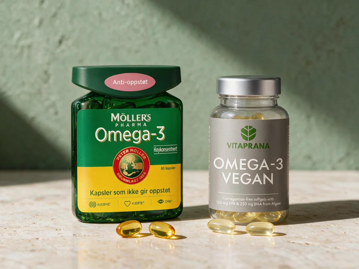Møllers Omega-3 antioppstøt og Vitaprana Omega-3 Vegan, boksene med de lengste innholdslistene