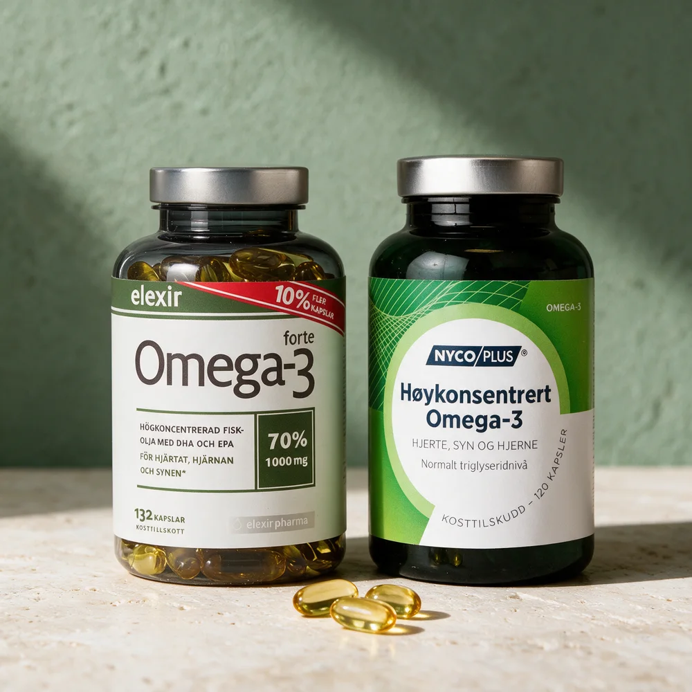 Elexir Pharma Omega-3 Forte og Nycoplus Høykonsentrert Omega-3, to glasskrukker med 1000 mg-kapsler