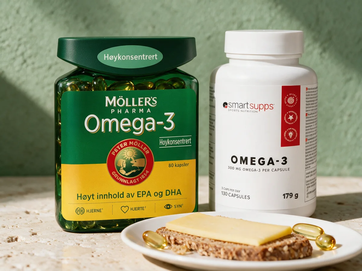Møllers Omega-3 høykonsentrert og SmartSupps Omega-3 ved en brødskive med ost og gylne kapsler på tallerkenen