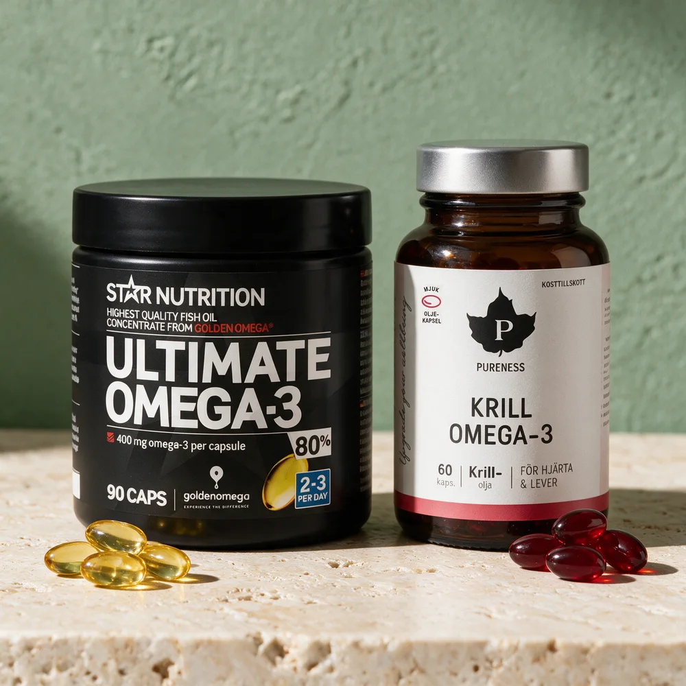 Star Nutrition Ultimate Omega-3 80 % og Pureness Krill Omega-3, de to boksene med de minste kapslene