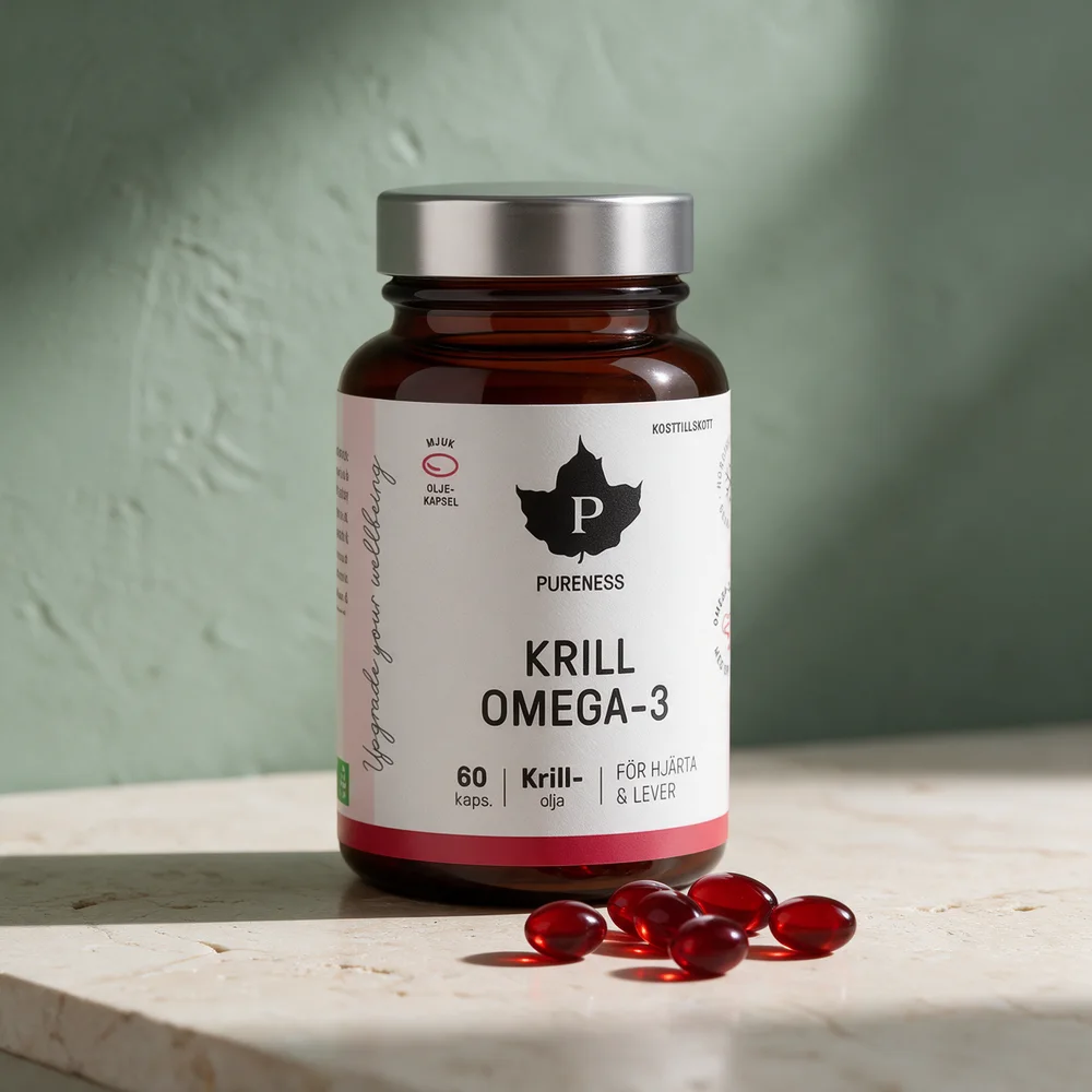 Pureness Krill Omega-3 med ovale krillkapsler foran krukken