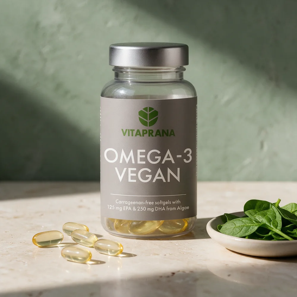Vitaprana Omega-3 Vegan med lyse algekapsler foran krukken